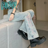Lunivop Y2K High Waist Jeans Women Vintage Bandage Slit Slim Flare Denim Pants Female Korean